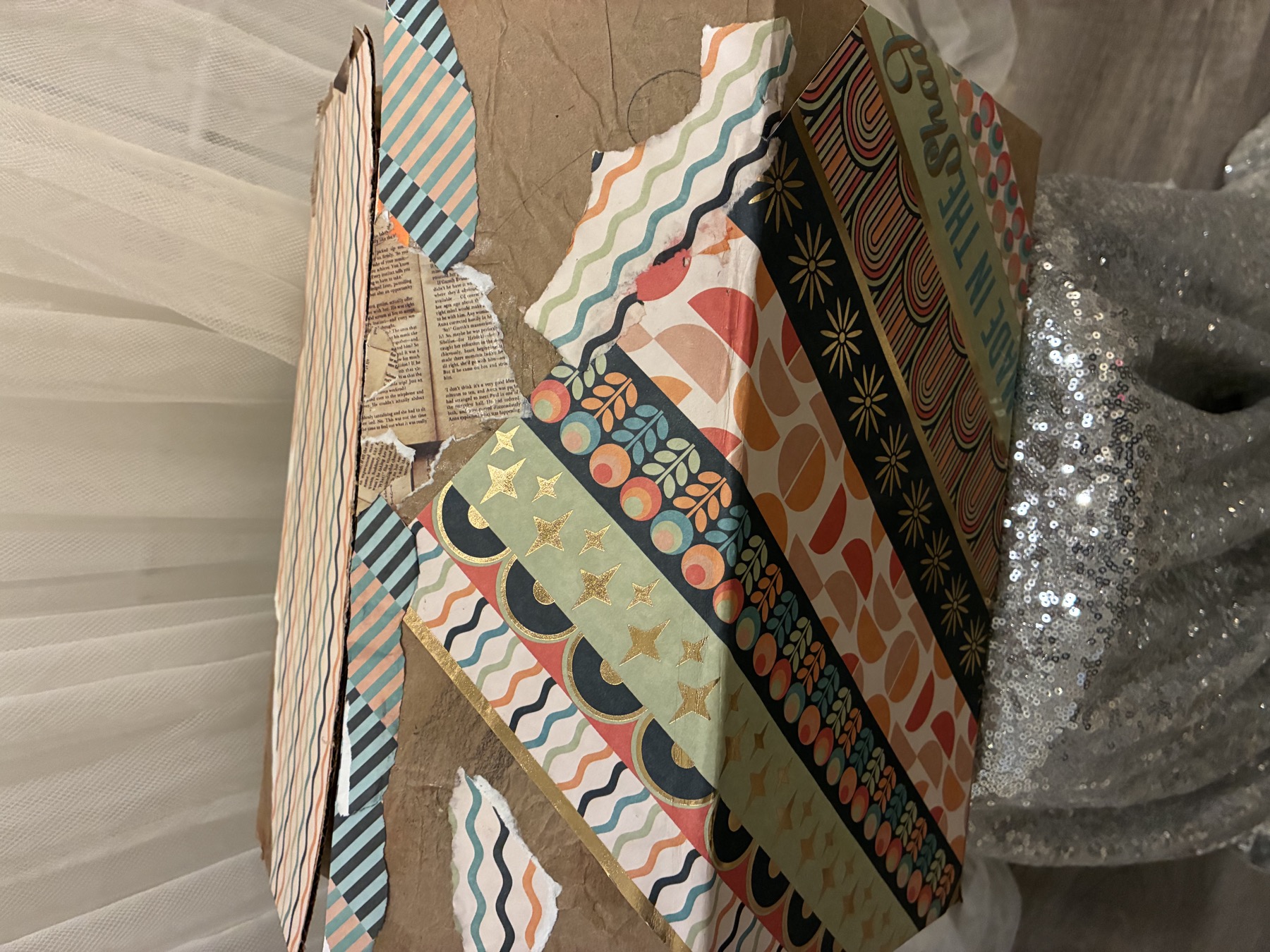 Close detail of a handmade collage care package