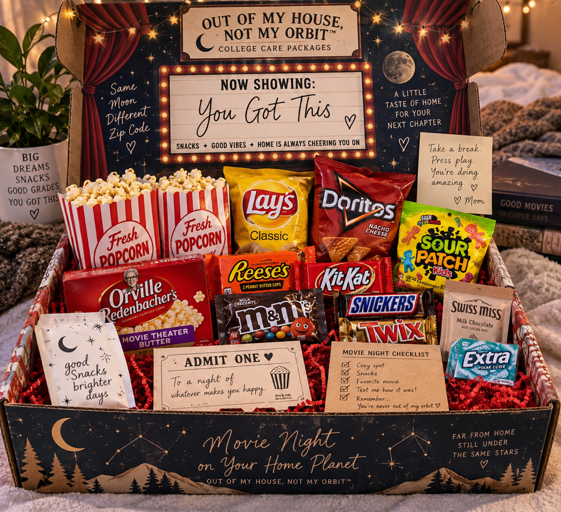 Movie Night on Your Home Planet care package arranged like a miniature concession stand
