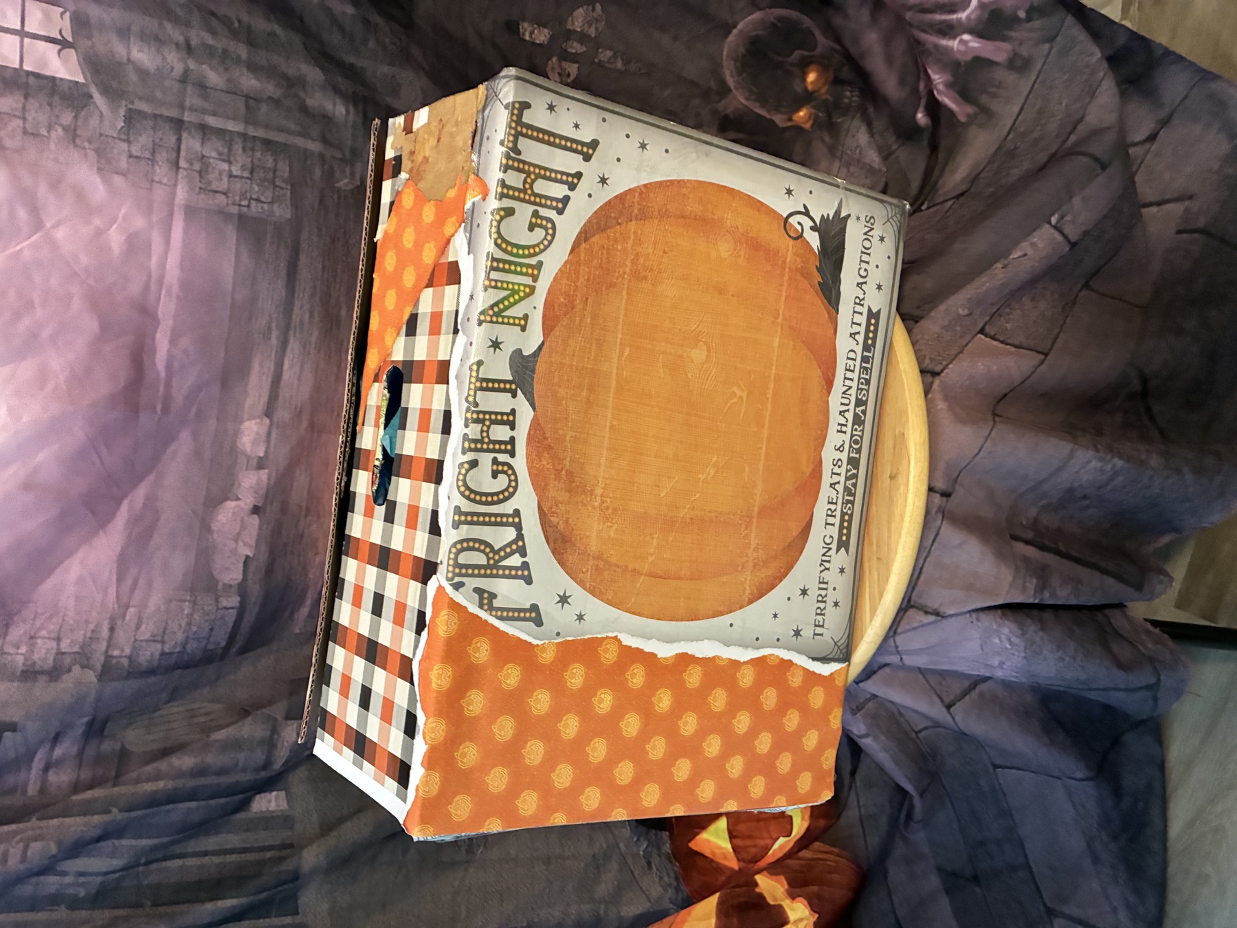 Front of The October Orbit Box with handmade pumpkin collage